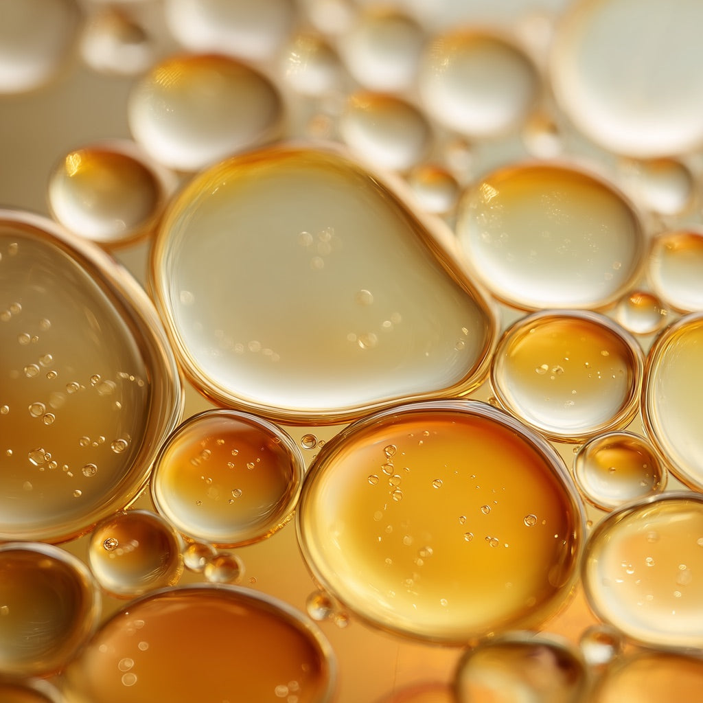 Barrier Shield Serum texture — ceramide droplets in warm amber light